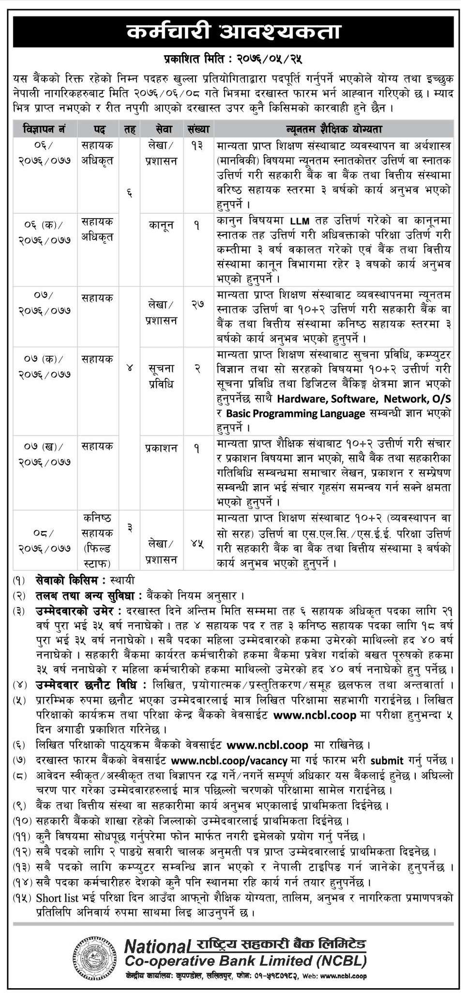राष्ट्रिय सहकारी बैंकले ८९ कर्मचारी माग्यो (सूचनासहित)